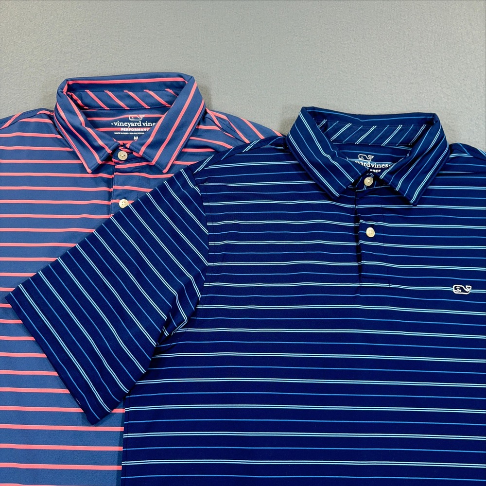 Vineyard Vines Mens Performance Polo Shirt Bundle Navy Pink Blue Striped Size M